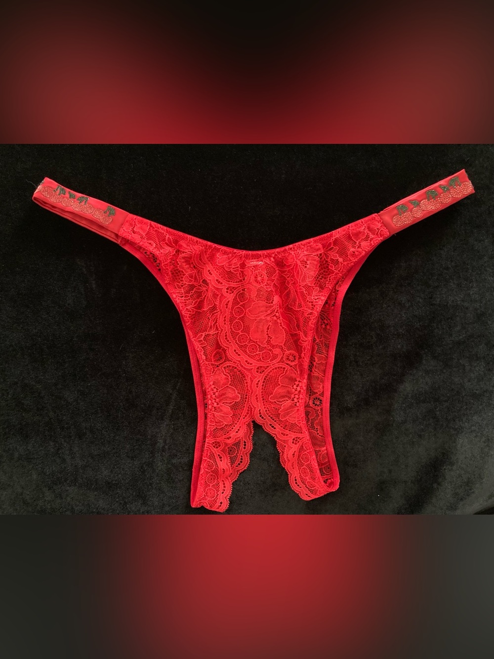 VICTORIA’s SECRET RED LACE CHERRY RHINESTONE SHINE STRAP CROTCHLESS PANTIES XL